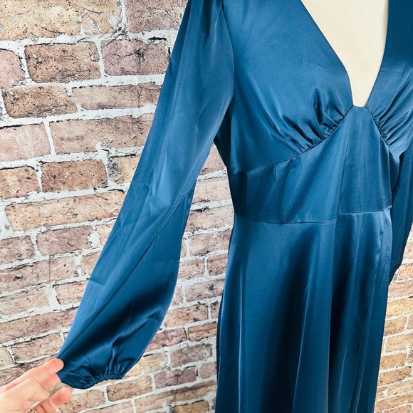 Aidan Mattox Teal Blue Satin V-Neck High-Low Midi Dress Bishop Sleeve Size 14 - Picture 6 of 16